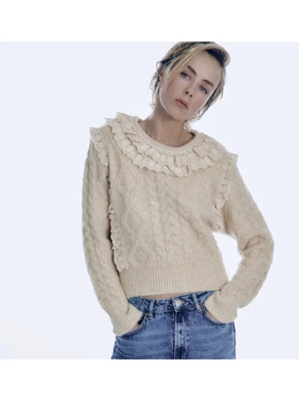 ZARA Lace Ruffle Cable Knit Beige Cropped Sweater With Pearl Trim Feminine Style